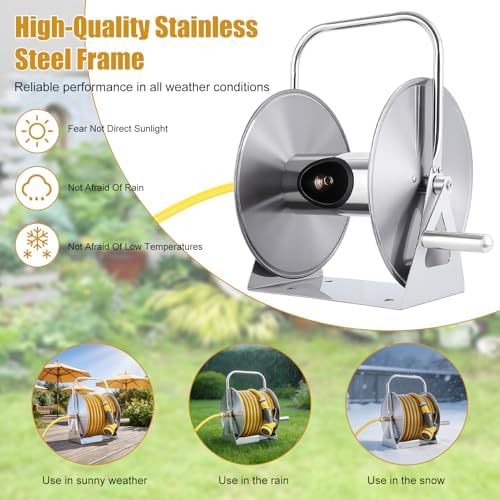 Stainless Steel Garden Hose Reel, Wall/Floor Mounted Heavy Duty Water Hose Reel with Crank Handle & 6.5 FT Leader Hose, Holds 75 FT x 5/8″ or 130 FT x 1/2″ Hose for Yard, Garden, Patio - Image 4