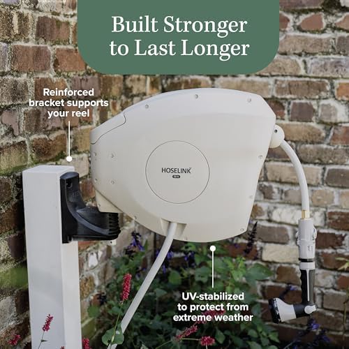 HOSELINK Classic Beige 50ft Hi-Flow Automatic Retractable Garden Hose Reel, 9/16”, 8-Pattern Spray Nozzle, UV-Stabilized Kink-Free Hose, Wall Mounted Watering Solution for Backyard, Garden & Outdoor - Image 3