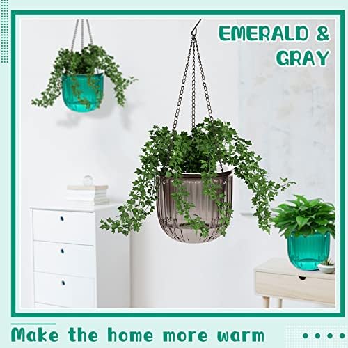 Meanplan 4 Pcs Self Watering Hanging Planter Indoor 6.5 Inch Hanging Baskets for Plants Outdoor Plastic Flower Pot with 3 Hooks Chains Drainage Holes for Garden Home, Medium Size(Emerald, Gray) - Image 3