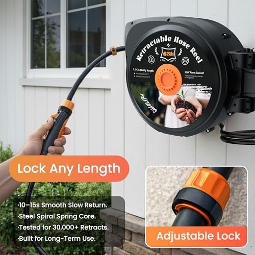 Retractable Garden Hose Reel, 65 ft x 1/2", Wall Mounted, 10-Pattern Nozzle - Image 7