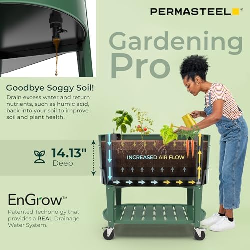 Permasteel Raised Garden Bed with Legs, 40×20×37 in, Planter Box with EnGrow™ TrueSoil™ Technology for Vegetables, Flowers, Herbs, and Fruit, Outdoor Indoor, Storage Shelf, Sage - Image 5