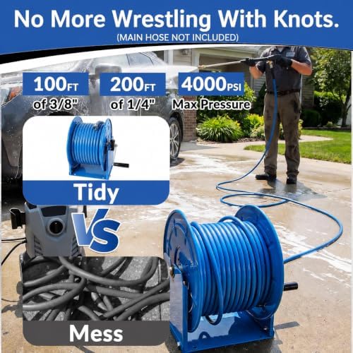 PWACCS Manual Pressure Washer Hose Reel 100FTx3/8", 200FTx1/4", 4 Adapters - Image 6