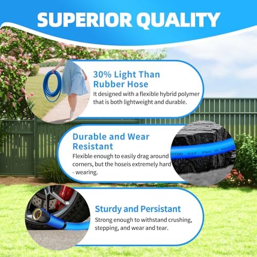 YOTOO Heavy Duty Hybrid Garden Water Hose 5/8-Inch by 25-Feet 150 PSI Kink Resistant, Flexible with Swivel Grip Handle and 3/4" GHT Solid Brass Fittings, Blue - Image 6