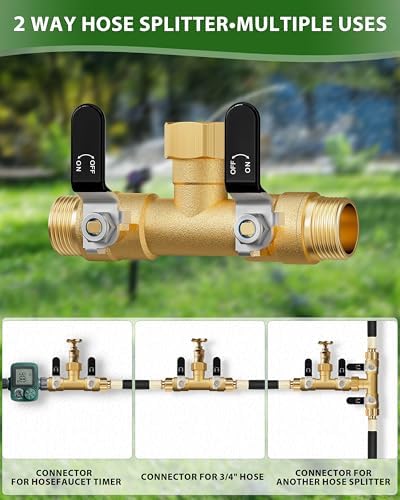 Hose Splitter 2 Way, Heavy Duty Brass Garden Hose Splitter, Water Hose Bib Spigot Splitter with 0.59" Full Flow Ball Valve Outlet & Shut-Off Valve 3/4'' Connector Outdoor Water Faucet Adapter - Image 6
