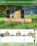 Hose Splitter 2 Way, Heavy Duty Brass Garden Hose Splitter, Water Hose Bib Spigot Splitter with 0.59" Full Flow Ball Valve Outlet & Shut-Off Valve 3/4'' Connector Outdoor Water Faucet Adapter - Image 6