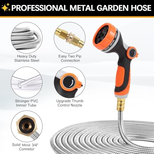 150 ft Garden Hose, Metal Water Hose 100 ft with 10 Function Nozzle & 3/4 Copper Fitting, Heavy Duty & Flexible, Kink Free & Lightweight for Yard, Outdoor, Lawn, Patio & Car - Image 2