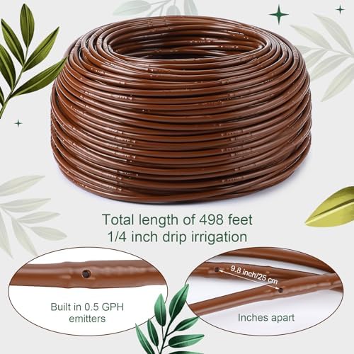 Nuanchu 498 ft 1/4" Drip Irrigation Tubing Irrigation Hose Garden Watering Tube Line with 9.8 Inch Emitter Spacing Blank Distribution Tubing Drip Line Watering for Garden Patio Lawn, Brown - Image 2