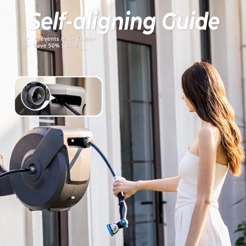 Garden Hose Reel 115 ft x 5/8 in, Retractable Heavy Duty Hose Reel with Any Length Lock, Auto Rewind System, 180° Metal Swivel Bracket, 10-Pattern Garden Hose Nozzle, Dark Grey - Image 5