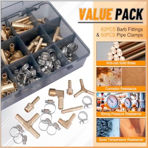 KOOTANS 132pcs Brass Hose Barb Fittings Assortment Kit Barb Splicer, Male Coupler, Female Adapter, 90° Male Elbow, Tee, Y Shaped Union Air Hose Fittings with Clamps for Water Fuel Air Line Connector - Image 5