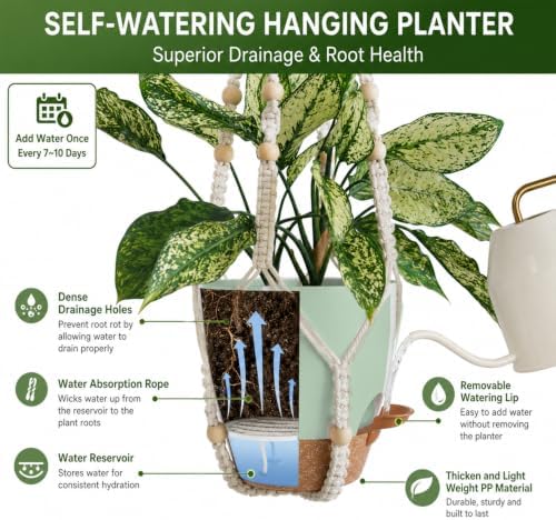 Bouqlife Large Hanging Planters with Macrame Plant Hangers for Indoor Outdoor Plants 3 Set 10" / 8" / 7" Self Watering Pots Hanging Baskets Flower Pot Holders 3 Different Size Green Large - Image 3