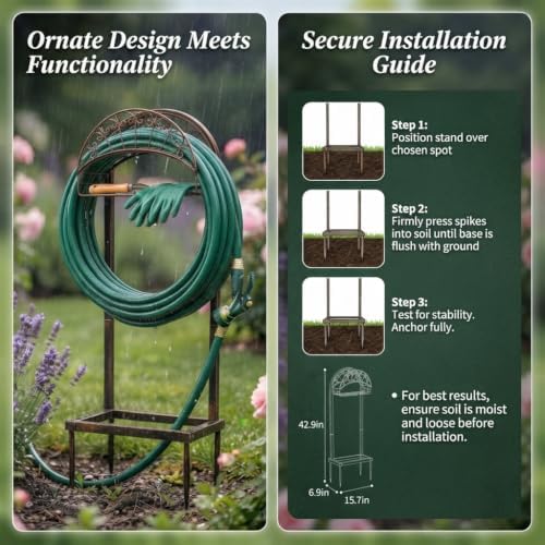 Garden Hose Holder Stand with Storage Basket, Heavy Duty Freestanding Water Hose Hanger Storage Rack with 4 Ground Spikes, Detachable Metal Hose Organizer for Outside Yard, Lawn, Farm, Bronze - Image 2