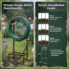 Garden Hose Holder Stand with Storage Basket, Heavy Duty Freestanding Water Hose Hanger Storage Rack with 4 Ground Spikes, Detachable Metal Hose Organizer for Outside Yard, Lawn, Farm, Bronze - Image 2