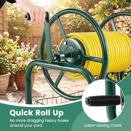 Goplus Garden Hose Reel Cart, 300ft 5/8" or 350ft of 1/2" Large Capacity, Heavy-Duty Metal Hose Cart w/4 Wheels, Storage Basket, Portable Water Hose Organizer for Outdoor Yard Planting Lawn - Image 6
