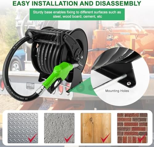 1 Inch Fuel Hose Reel With Fueling Nozzle, 50 Foot Heavy Duty Diesel Retractable, 300 PSI Industrial Auto Rewind Mount for Def Fluid Tank Truck Bed Trailer Boat Cart - Image 5