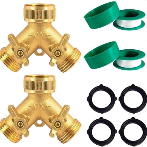 2-Way Garden Hose Splitter, Brass, Y Design, 2 Valves - Image 2