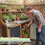 Outdoor Storage Cabinet with 4 Wheels and Handle, Metal & Wood Potting Bench Storage Cabinets with Waterproof Top, Removable Shelf, Potting Table & Workstation for Garden, Patio, Balcony, Garage - Image 6