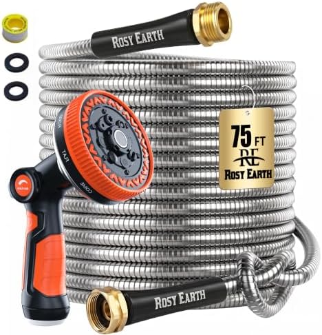 Rosy Earth Metal Garden Hose 75ft, Lightweight Steel Water Hose with 8-Mode Wide Nozzle by RosyEarth