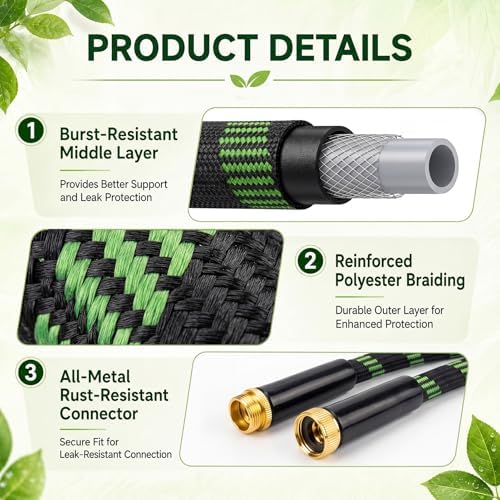 Garden Hose 25 FT, Non-Expanding Water Hose with 10 Pattern Spray Nozzle - Image 2