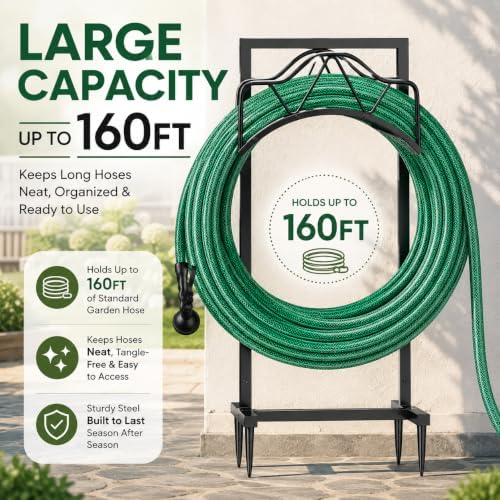 Freestanding Garden Hose Holder - Heavy Duty Metal Water Hose Holder for Outside, Detachable Hose Rack & Storage Hanger, 160FT Capacity for Lawn & Yard, Black - Image 4