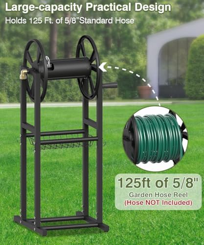Freestanding Garden Hose Reel holds 125ft Hose of 5/8" with 4 Hooks, 4-Spike Outdoor Hose Holder with 3.9ft Leader Hose & Brass Fitting, Detachable Metal Hose Stand with Storage Rack, Black - Image 2