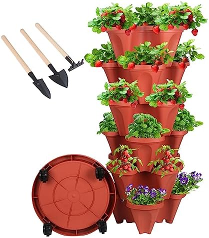 GameXcel Vertical Planter Tower - 6 Tier Stackable Garden Planters with Wheels and Tools Plant Pots for Strawberry Herb Flower and Vegetable Indoor Outdoor Use Red by GameXcel