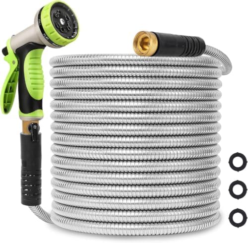 25FT Metal Water Hose, Stainless Steel Garden Hose with 8 Patterns Spray Nozzle, Flexible Kink-Resistant Hose for Outdoor Lawn, Garden, Patio and Car Washing by Unknown