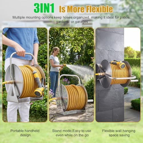 Heavy Duty Stainless Steel Garden Hose Reel Wall Floor Mountable Water Hose Storage Organizer with 6.5FT Leader Pipe for Backyard Garage Lawn Watering - Image 3