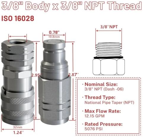 3/8" Flat Face Hydraulic Quick Connect Coupler Set,3/8" NPT Thread,5076 PSI,ISO 16028 Standard,with Dust Caps - Image 3