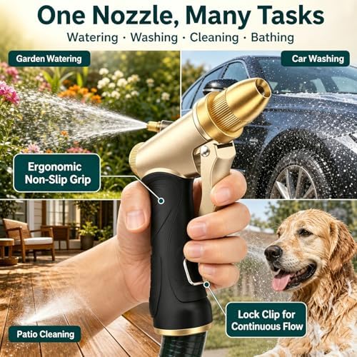 Garden Hose Nozzle, Heavy Duty Metal Spray Nozzle, 100% Full Brass Nozzle High Pressure Water Hose Nozzles with Adjustable Spray Patterns for Garden Watering, Car Washing & Pet Bathing - Image 6
