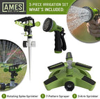 AMES (3) Piece Sprinkler & Sprayer Set with (1) Pulsating Spike Style, (1) 3 Arm Rotating Sprinkler and (1) 7-Pattern Spray Nozzle for Lawn, Garden or Yard, Watering, Adjustable, Easy Hose Connections - Image 2