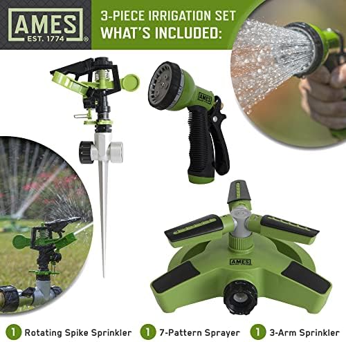 AMES (3) Piece Sprinkler & Sprayer Set with (1) Pulsating Spike Style, (1) 3 Arm Rotating Sprinkler and (1) 7-Pattern Spray Nozzle for Lawn, Garden or Yard, Watering, Adjustable, Easy Hose Connections - Image 2