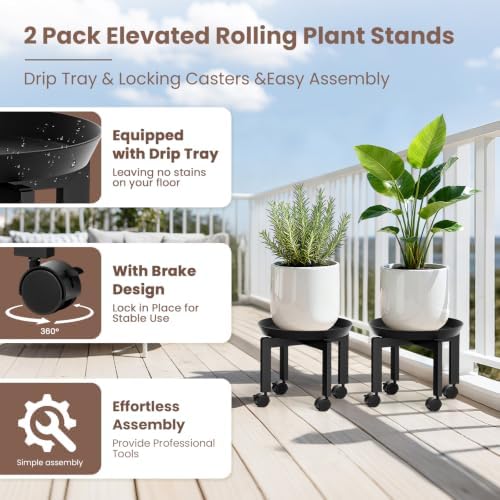 TOSKING 2-Pack Plant Stands with Wheels, Drip Trays, Black Metal - Image 4