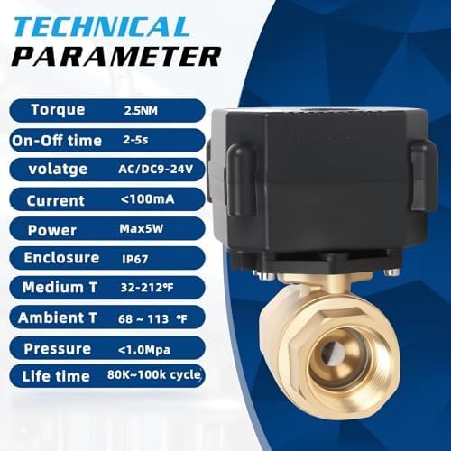 1/2" Brass Motorized Ball Valve - NPT Electric Water Valve 2 Wire Auto Return normally closed with Full Port, 110-230v AC Electric Water Valve With U.S.Plug, IP67 - Image 6