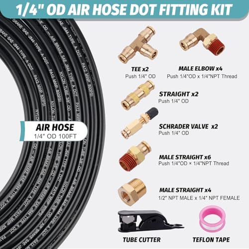 100FT 1/4" DOT Air Line Kit with 22PCS Brass Fittings, Cutter & Teflon Tape - Image 2