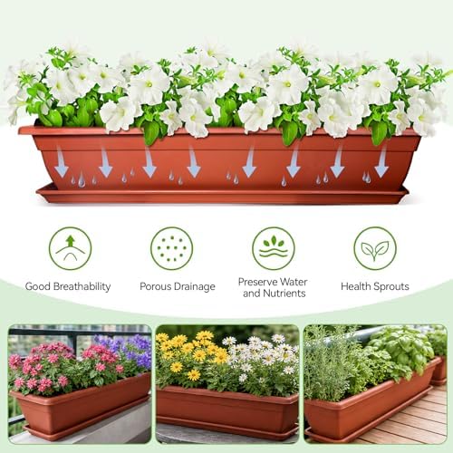 4 Pcs 31 inch Window Box Planter, Large Rectangular Plastic Flower Pot with Tray, Suitable for Indoor & Outdoor Gardens, Balcony and Home Decor (4) - Image 5
