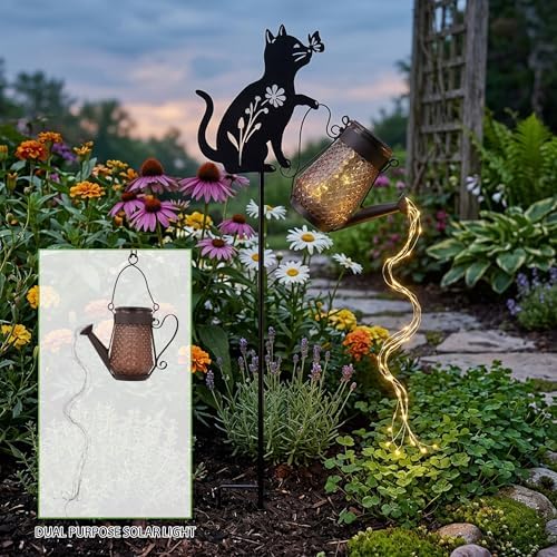 Solar Watering Can Light Cat Stake 36in Garden Waterfall LED Outdoor Art - Image 2