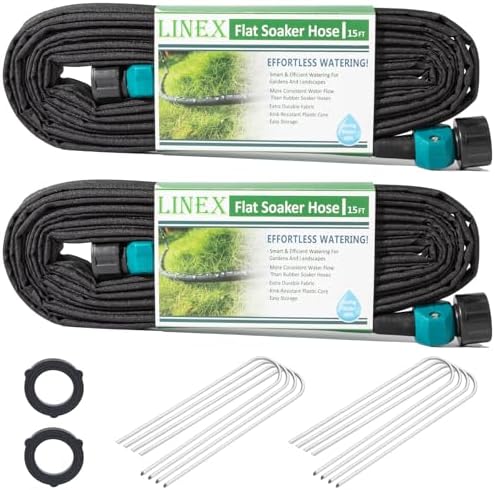 LINEX Flat Soaker Hose 30 ft for Garden Beds, 1/2'' x 15 ft 2 Pack Drip Hoses Irrigation Sprinkler Heavy Duty Save Water 80% for Vegetable by LINEX