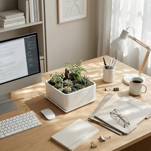 MyGift White Ceramic Square Planter Pot with Drainage Hole & Drip Tray - Image 4
