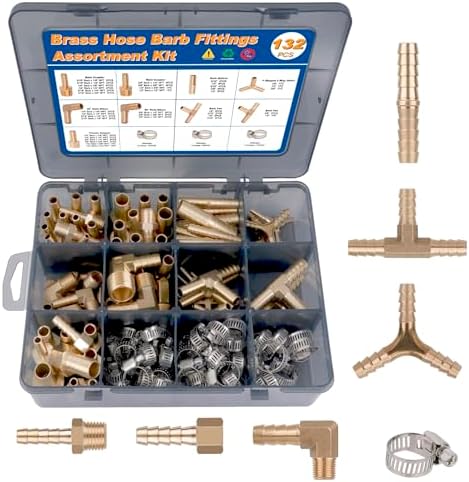 KOOTANS 132pcs Brass Hose Barb Fittings Assortment Kit Barb Splicer, Male Coupler, Female Adapter, 90° Male Elbow, Tee, Y Shaped Union Air Hose Fittings with Clamps for Water Fuel Air Line Connector by KOOTANS