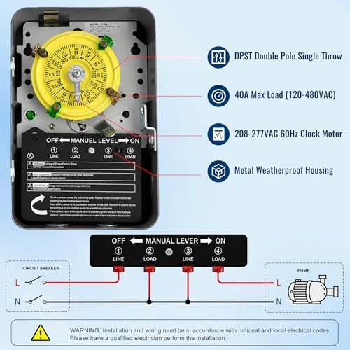 T104 Mechanical Timer Switch, Pool Pump Timer, 208-277V 40A DPST - Image 2