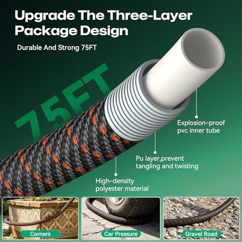 Garden Hose 75ft NON-EXPANDABLE Water Hose, 3-Layer Lightweight Nylon Braided Hose for Yard, Car Wash & Pet Shower, 600 PSI Heavy Duty Burst Kink-Free with 10-Way Nozzle & 3/4" Brass Fittings - Image 2
