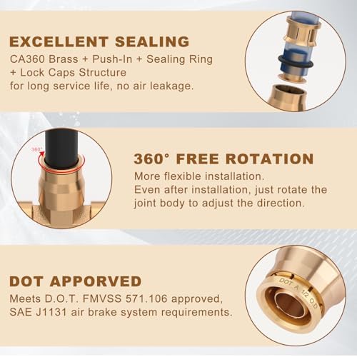 1/2" Brass Union Tee, DOT Approved 3-Way Air Line Connector 5PCS - Image 4