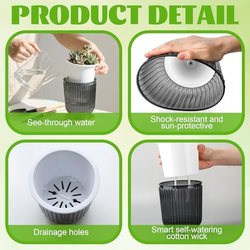 Set of 6 Self Watering Plant Pot 3 Sizes Plastic Double Layer Self Watering Flower Pot with Multi Mesh Drainage Holes Wicking Reservoir for Indoor Outdoor Garden Plants(Black) - Image 3