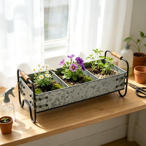 Rustic Galvanized Metal 3-Compartment Planter with Wood Handles, Vintage Style Succulent Herb Flower Pot for Indoor Outdoor Garden, Kitchen, Windowsill Decor - Image 4