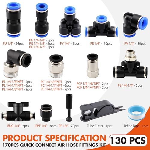 130PCS 1/4" OD Quick Connect Air Fittings Kit Push to Connect Pneumatic NPT - Image 2