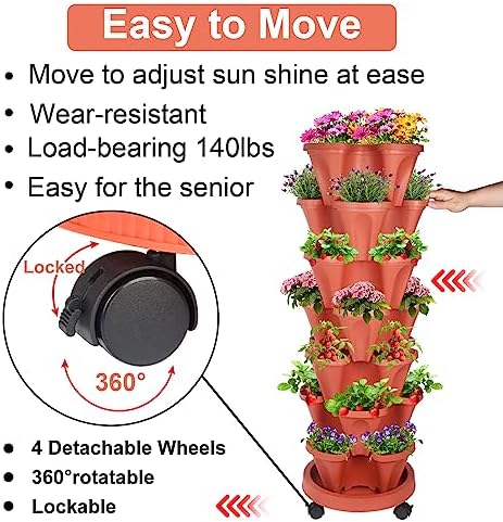 DUNCHATY Stackable Planters 7 Tier Vertical Garden Planting Tower Planters Strawberry, Herb, Flower, and Vegetable Planter Indoor Outdoor Gardening Pots with Removable Wheels and Tools - Image 4