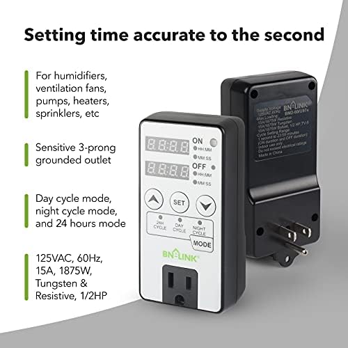 BN-LINK Timer Outlet Short Period Repeat Cycle Intermittent Digital Timer, Interval Timer - Day, Night, or 24 Hour Operation, Programmable Plug-in Timer for Appliances Electrical Outlets 15A/1875W - Image 3