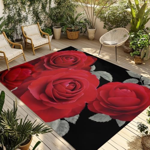 Red Rose 4x6 Waterproof Outdoor Rug with Non‑Slip Backing Black Romantic Floral Machine Washable Deck Patio Rug Mat for Camping, RV, Garden, Balcony Pool - Image 3