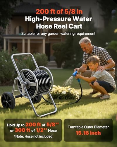 VEVOR Hose Reel Cart, 200/300 ft High-Pressure Garden Hose Cart, Hoses Reel Carts with Two Wheels, Handle & Heavy-Duty Mesh Storage Basket, Portable Hoses Reels for Garden Watering, Car Washing - Image 2