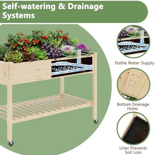 Raised Garden Bed with Legs and Wheels, Self-Watering System, 48x24x30in Elevated Planter Box with Storage Shelf & Liner for Flowers Vegetables Herbs, Raised Bed for Outdoor/Balcony/Patio - Image 4